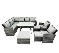 Fimous 11 Seat Rattan High Back Corner Sofa Set Patio Dining Table Set