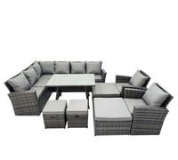 Fimous 11 Seat Rattan High Back Corner Sofa Set Patio Dining Table Set with 4 Stools 2 Chairs Dark Grey Mixed