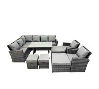Fimous 11 Seat Rattan High Back Corner Sofa Set Patio Dining Table Set With 4 Stools 2 Chairs Dark Grey Mixed