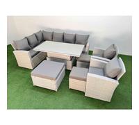 Fimous 11 Seat Rattan Outdoor Garden Furniture Corner Sofa Set Adjustable Lifting Dining or Coffee Table Set with 3 Footstools Light Grey