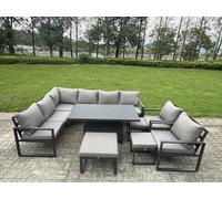 Fimous Aluminium Adjustable Rising Lifting Dining Table Sofa Set 11 Seat Aluminium Garden Furniture Sets with 3 Footstools 2 Chairs Dark Grey