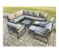 Fimous 11 Seater Aluminium Garden Furniture Set Outdoor Lounge Corner Sofa 3 Pcs Chair Square Coffee Table Sets with 2 Small Footstools Dark Grey