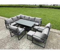 Fimous 11 Seater Aluminium Garden Furniture Set with Adjustable Rising Dining Table, Corner Sofa, 3 Chairs, 2 Footstools - Grey