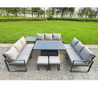 Fimous 11 Seater Aluminium Garden Furniture Set with Adjustable Rising Dining Table, Side Table, 2 Footstools - Dark Grey
