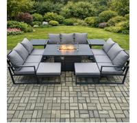 Fimous Aluminium 11 Seater Garden Furniture Outdoor Set Patio Lounge Sofa Gas Fire Pit Dining Table Set with 2 Big Footstools 2 Side Tables Dark Grey