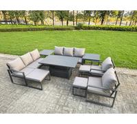 Fimous 11-Seater Aluminium Outdoor Dining Set With Adjustable Rising Lifting Dining Table & Cushions 2 Side Tables 3 Footstools