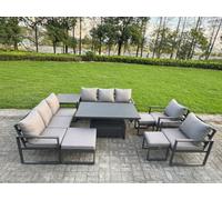 Fimous 11-Seater Aluminium Outdoor Dining Set With Adjustable Rising Lifting Dining Table & Cushions Side Table 3 Footstools