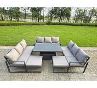 Fimous 11 Seater Aluminium Outdoor Patio Furniture Set with Adjustable Rising Dining Table, Footstool - Dark Grey