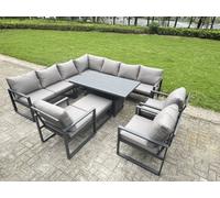 Fimous 11 Seater Aluminium Sofa Set 10 Pieces Outdoor- Rising Dining Table With Cushions Big Footstool 3 Chair Footstool Dark Grey