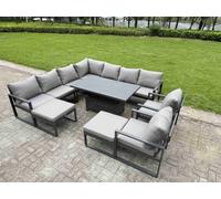 Fimous 11 Seater Aluminium Sofa Set 10 Pieces - Rising Dining Table With Cushions 2 Big Footstools 2 Chair Footstool Dark Grey