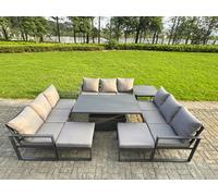 Fimous 11 Seater Aluminum Garden Furniture Set with Adjustable Rising Dining Table, 3 Sofas, 2 Footstools & Side Table - Grey