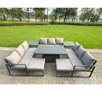 Fimous 11 Seater Aluminum Outdoor Garden Furniture Set with Adjustable Rising Dining Table, 3 Sofas, 2 Footstools, 2 Side Tables - Grey