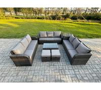 Fimous 11-Seater Dark Grey Rattan Outdoor Lounge Set | Rectangular Coffee Table, 3-Seater Sofa, Side Table, 2 Footstools