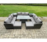Fimous 11 Seater Garden Dining Set Outdoor Rattan Furniture Lounge Sofa Height Adjustable Rising lifting Table in Dark Grey Fimous Dark Grey