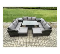 Fimous 11 Seater Garden Dining Sets Outdoor Rattan Furniture Lounge Sofa Height Adjustable Rising lifting Table With 2 Side Tables