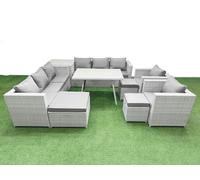 Fimous 11 Seater Garden Furniture Set PE Rattan Garden Sofa Set with Rectangular Dining Table 3 Stool Side Table Light Grey