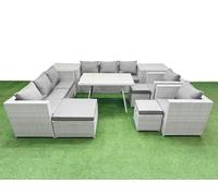 Fimous 11 Seater Garden Furniture Set PE Rattan Garden Sofa Set with Rectangular Dining Table 3 Stool 2 Side Tables Light Grey