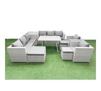Fimous 11 Seater Garden Furniture Set PE Ratten Garden Sofa Set with Rectangular Dining Table 3 Stool Side Table Light Grey