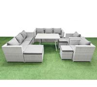 Fimous 11 Seater Garden Furniture Set PE Ratten Garden Sofa Set with Rectangular Dining Table 3 Stool Light Grey Light Grey