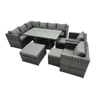 Fimous 11 seater Height Adjustable Rising Lifting Table Corner Sofa Set Rattan Garden Furniture Dining Set with 3 Stool Dark Grey Mixed