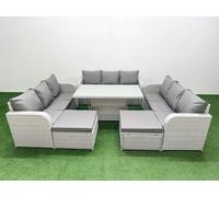 Fimous 11-Seater Light Grey PE Rattan Outdoor Lounge Set | Adjustable Dining/Coffee Table, 3-Seater Sofa, 2 Footstools