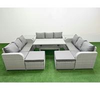 Fimous 11-Seater Light Grey PE Rattan Outdoor Lounge Set | Rectangular Dining Table, 3-Seater Sofa, 2 Footstools, 2 Side Tables