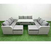 Fimous 11-Seater Light Grey PE Rattan Outdoor Lounge Set | Rectangular Dining Table, 3-Seater Sofa, 2 Footstools, Side Table