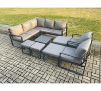 11 Seater Outdoor Aluminium Garden Furniture Set Corner Lounge Sofa Set with Square Coffee Table 2 Pcs Chair Footstools Dark Grey Fimous Dark Grey One Size