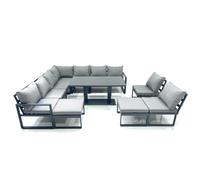 Fimous 11 Seater Outdoor Aluminum Garden Furniture Set Corner Sofa 2 Big Footstools Rising Lifting Dining Table Sets Dark Grey