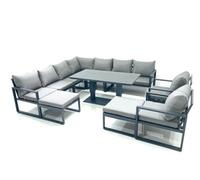 Fimous 11 Seater Aluminum Outdoor Garden Furniture Set with Corner Sofa, 2 Chairs, 2 Footstools & Adjustable Dining Table - Dark Grey