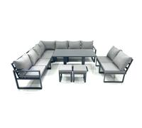 Fimous 11 Seater Outdoor Aluminum Garden Furniture Set Corner Sofa 2 Small Footstools Rising Lifting Dining Table Sets Dark Grey