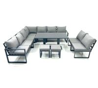 Fimous 11 Seater Outdoor Aluminum Garden Furniture Set Corner Sofa 2 Small Footstools Rising Lifting Dining Table Sets Dark Grey