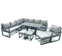 Fimous 11 Seater Outdoor Aluminum Garden Furniture Set Corner Sofa Chair 3 Footstools Adjustable Rising Lifting Table Sets Dark Grey