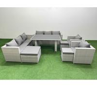 Fimous 11 Seater Wicker PE Rattan Furniture Outdoor Dining Table 3 Seater Sofa Armchair Set with 3 Stools Light Grey