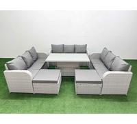 Fimous 11 Seater Outdoor Garden Furniture Set Adjustable Lifting Dining Or Coffee Table 3 Seater Sofa 2 Big Footstools Light Grey