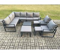 Fimous 11 Seater Outdoor Lounge Corner Sofa Set Aluminum Garden Furniture Sets with Square Coffee Table 2 Chairs 3 Footstools Dark Grey Fimous Dark Grey
