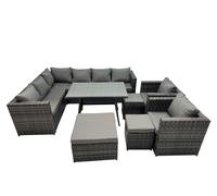 Fimous 11 seater Outdoor PE Rattan Sofa Set with Dining Table Patio Garden Furniture Sets with 2 Chair 3 Stools Dark Grey Mixed