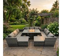 Fimous 11 Seater Outdoor Rattan Fire Pit Dining Set with 3 Sofas, 2 Footstools - Dark Grey