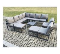Fimous 11 Seater Patio Outdoor Garden Furniture Aluminium Lounge Corner Sofa Set with Square Coffee Table with 2 Big Footstools Dark Grey