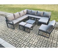 11 Seater Patio Outdoor Garden Furniture Aluminium Lounge Corner Sofa Set with Square Coffee Table 3 Footstools Dark Grey Fimous Dark Grey One Size