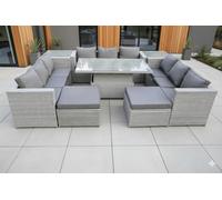 Fimous 11 Seater Rattan Outdoor Garden Furniture Set with Height Adjustable Table, 3 Sofas, 2 Side Tables, 2 Footstools - Light Grey