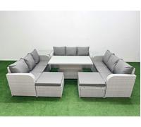 Fimous 11 Seater PE Rattan Garden Furniture Lounge Sofa Patio Set, Adj Height Table, 3 Seater Sofa, 2 Big Footstools, Side Table, Light Grey
