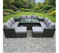 Fimous 11 Seater PE Rattan Outdoor Sofa Set with Rising Dining Table, 2 Side Tables, 2 Footstools - Dark Grey