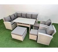 Fimous 11 Seater Rattan Garden Furniture Set Outdoor Patio Dining Corner Sofa Sets with Dining Table 2 Chairs 3 Footstools Light Grey Mixed