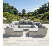 Fimous Rattan Garden Outdoor Furniture Set 11 Seater Garden Sofa Oblong Coffee Table Set with 2 Big Footstools Side Table Light Grey Mixed