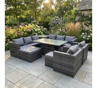Fimous 11 Seater Rattan Garden Furniture Set with Corner Sofa, Height Adjustable Rising Table, 2 Chairs, Side Table & 3 Footstools - Dark Grey