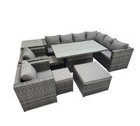 Fimous 11 Seater Rattan Height Adjustable Rising Lifting Table Corner Sofa Sets with 2 Chairs 3 Stool Side Table Dark Grey Mixed