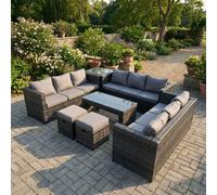 Fimous Outdoor Rattan Garden Furniture Lounge Sofa Set With Oblong Rectagular Coffee Table 2 Stools And Side Table