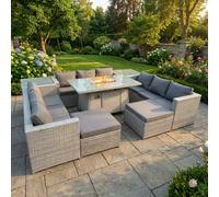 Fimous 11 Seater Rattan Outdoor Garden Furniture Set with Gas Fire Pit Dining Table, 3 Sofas, 2 Side Tables, 2 Large Footstools - Light Grey