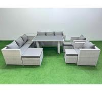 Fimous 11 Seater Wicker PE Rattan Furniture Outdoor Dining Table 3 Seater Sofa Armchair Set with Side Table 3 Stools Light Grey